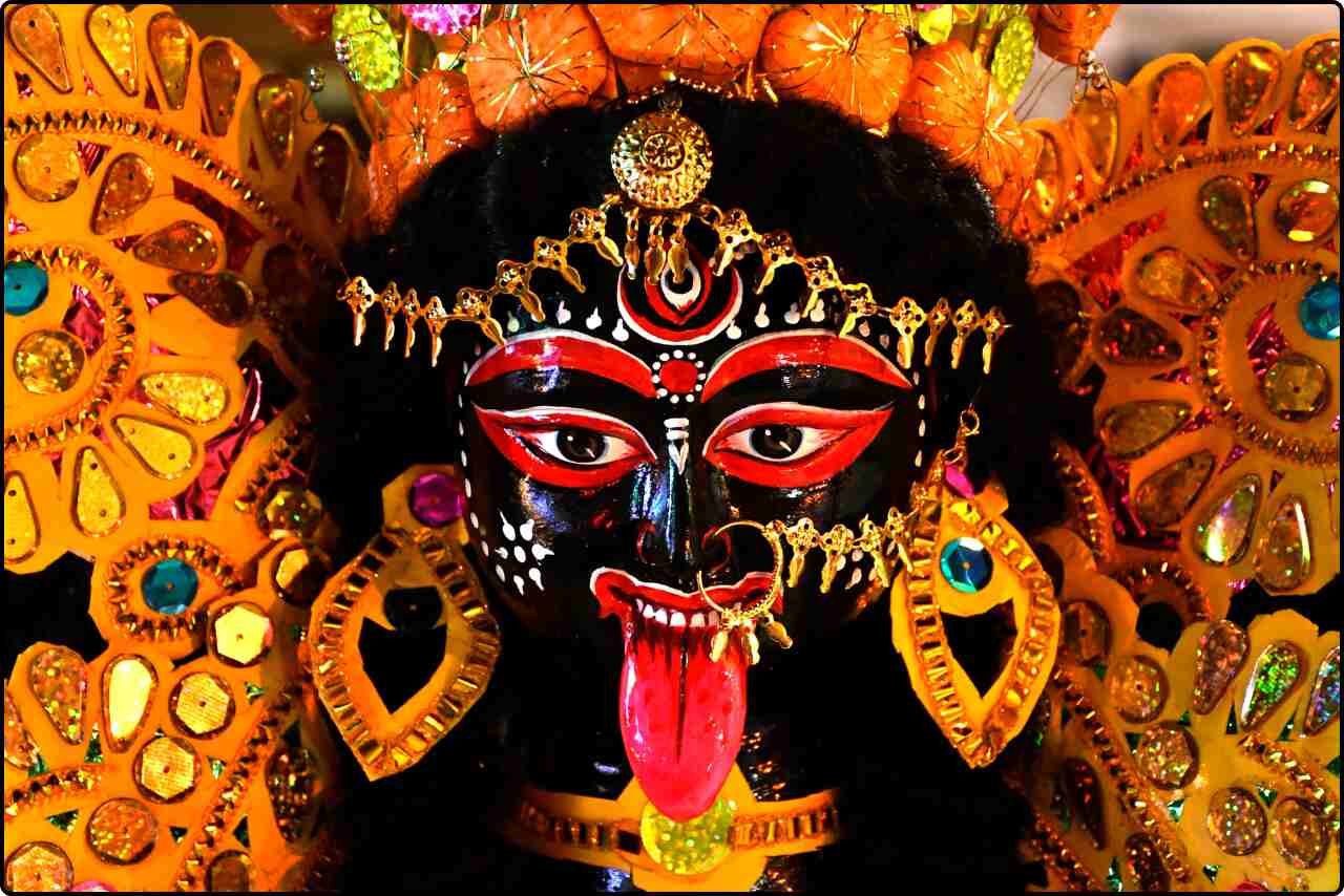 Portrait of Goddess Kali with her crown and third eye visible.